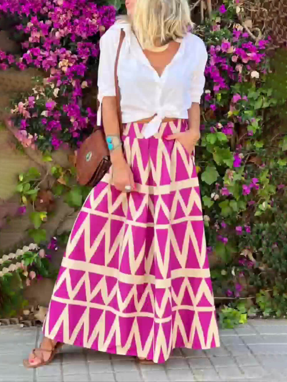 Triangle Printed Back Waist Elasticated Pocket Maxi Skirt - Fashionpara