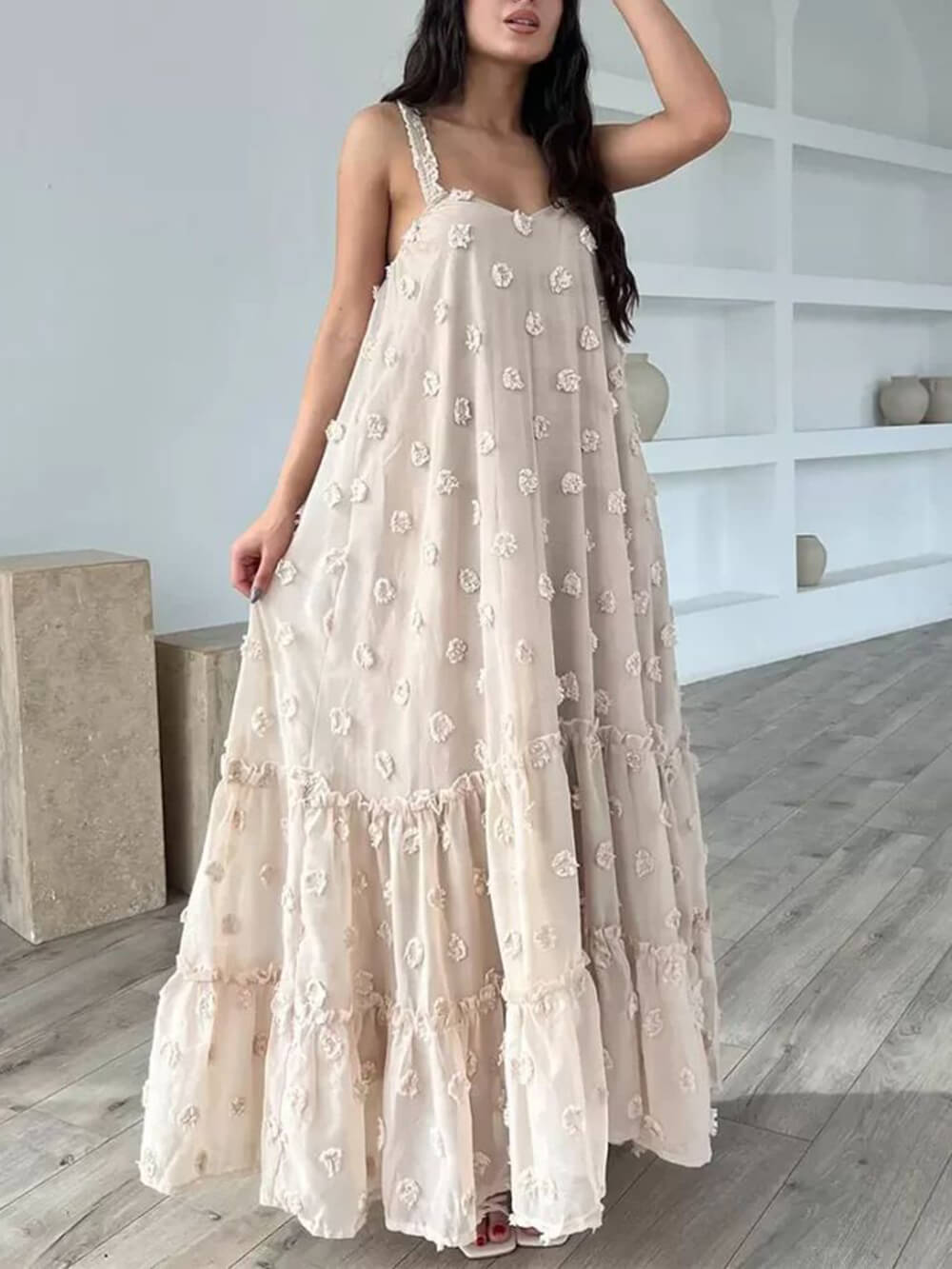 Pretty Flower Decor A-Line Layered Loose Maxi Dress - Fashionpara