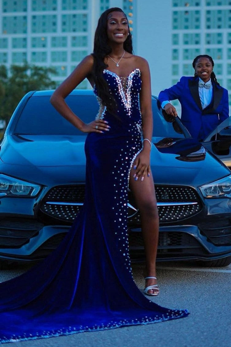 Glamorous Long Sweetheart Chapel Train Mermaid Beads Front Side Prom Dresses - Fashionpara