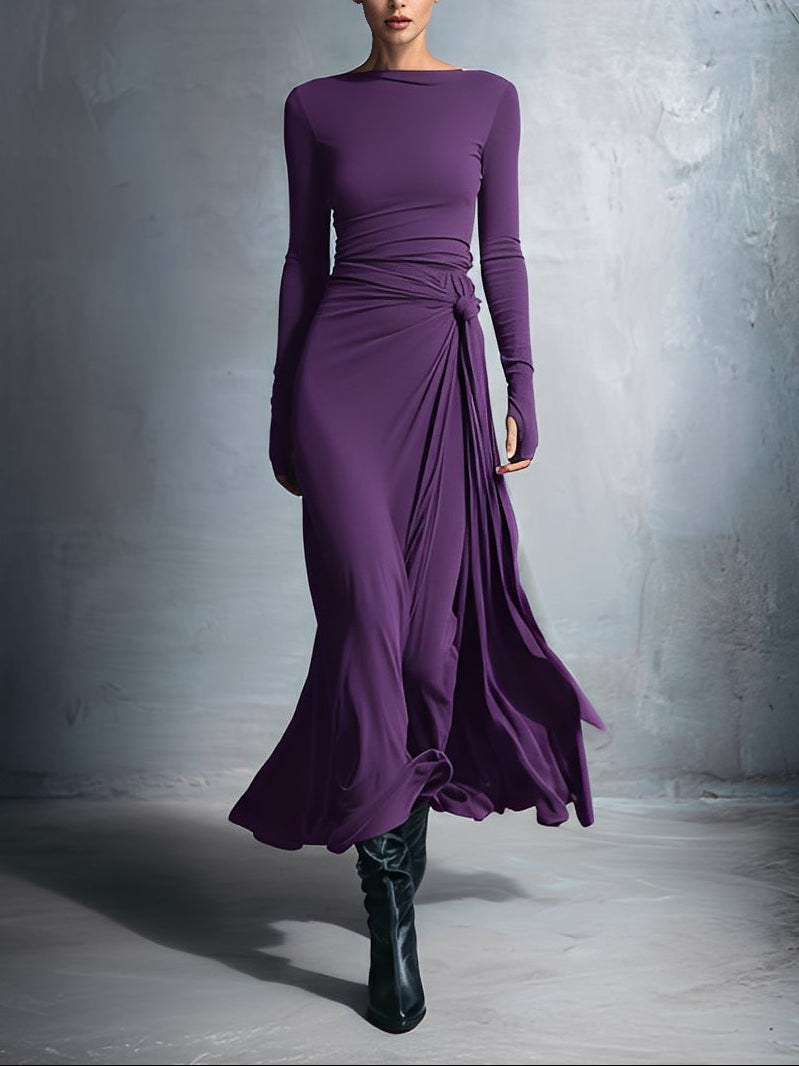 Boat Neck Long Sleeve Ruched Twist Maxi Dress 4