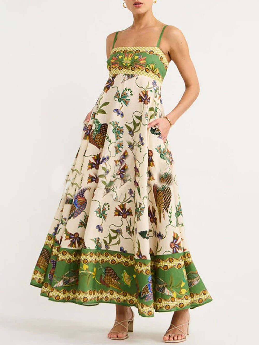 Printed Square Neck Spaghetti Strap A-Line Maxi Dress 3