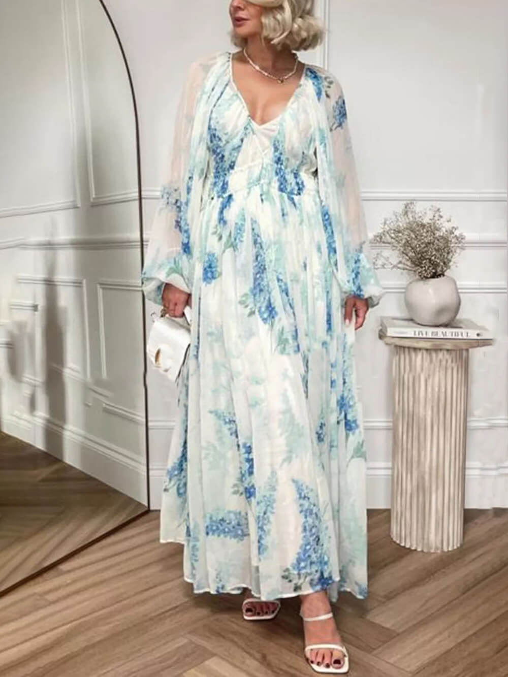 Ocean Flower Chiffon Floral Drawstring Waist Maxi Dress - Fashionpara