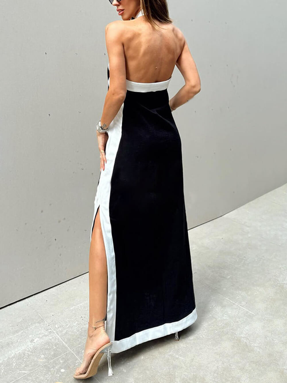 Color Block Halter Neck Slit Maxi Dress - Fashionpara
