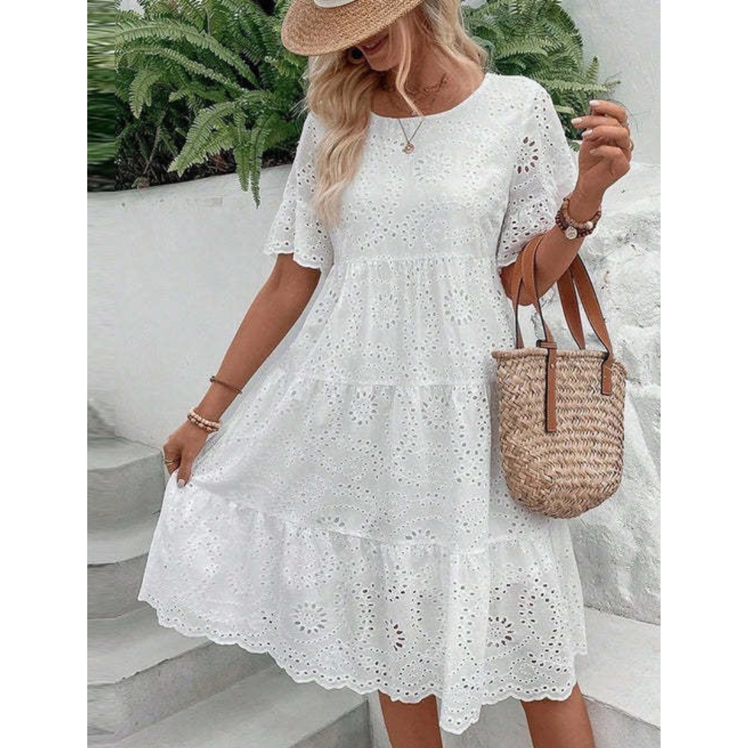 Broderie Eyelet Round Neck Flutter Sleeve Tiered Mini Dress