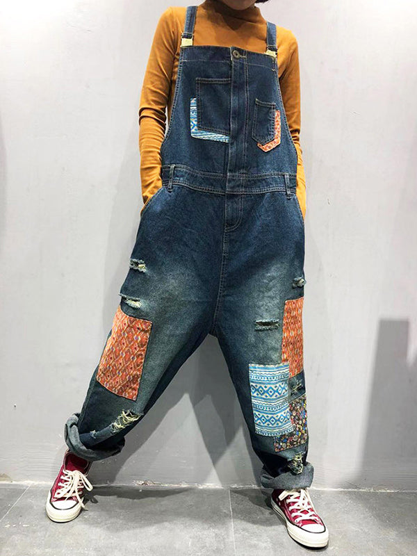 Estela Patchwork Prints Ripped Overall Dungarees - Fashionpara