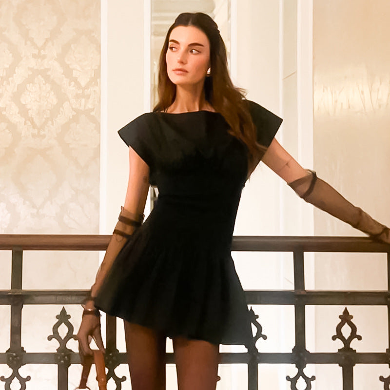 Bateau Neck Cap Sleeve Drop Waist Flared Mini Dress
