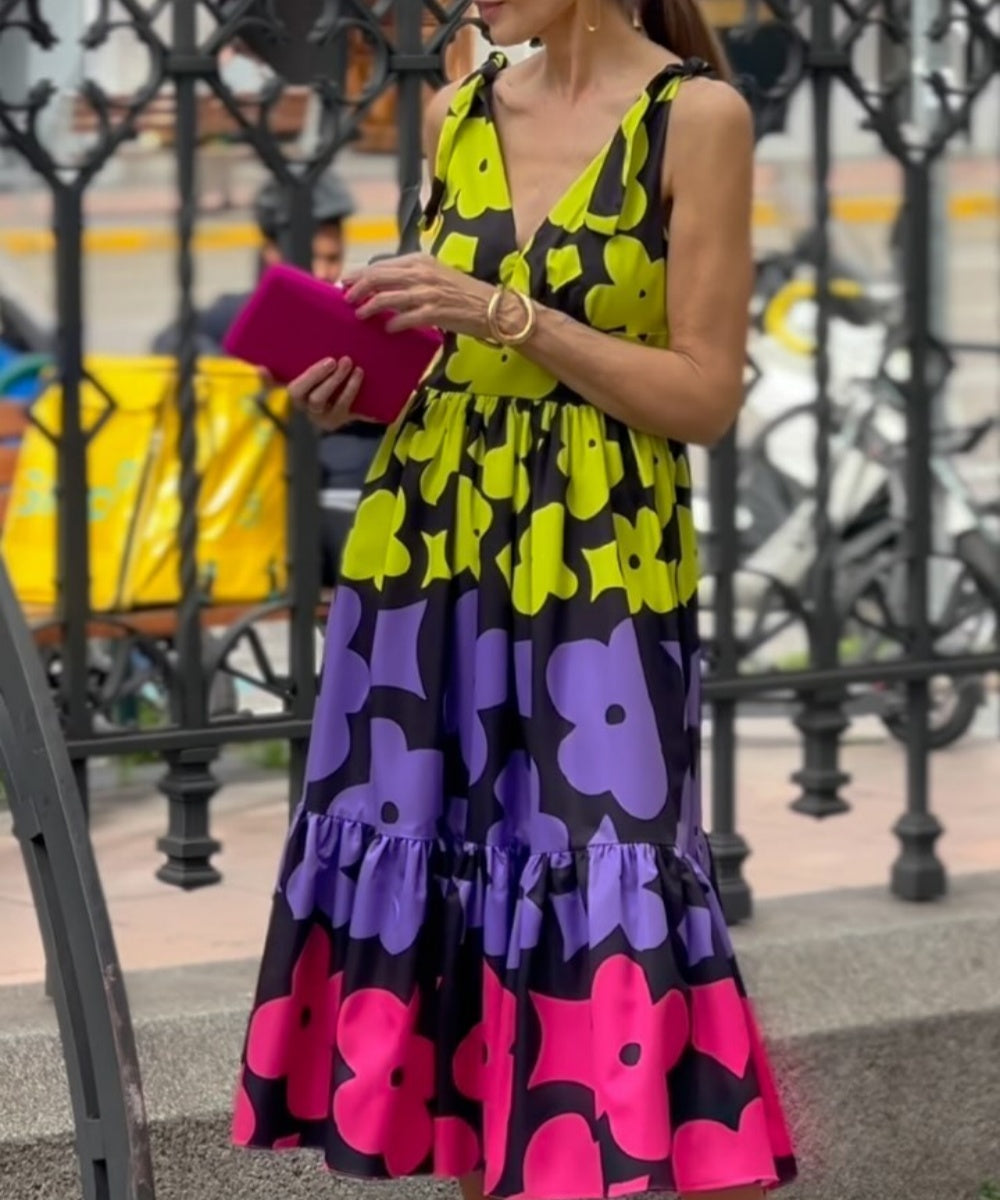 Colorful Flower Print Midi Dress - Fashionpara