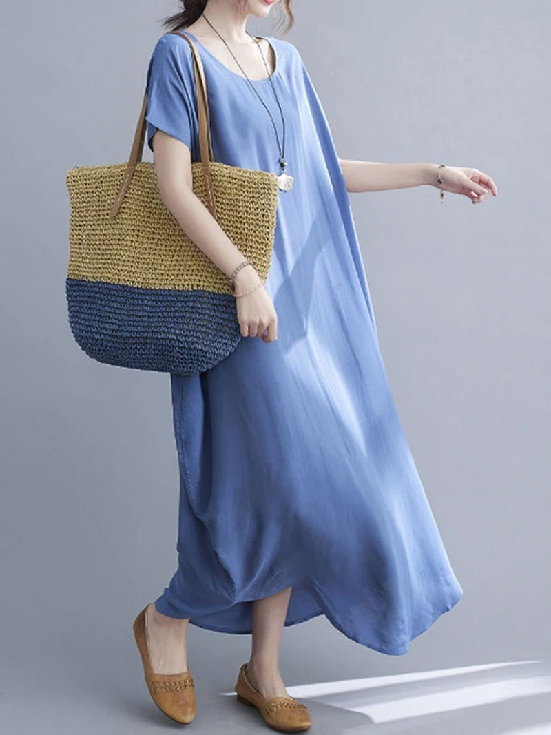Cotton Round Neck Short Sleeve Cocoon Midi Dress 20