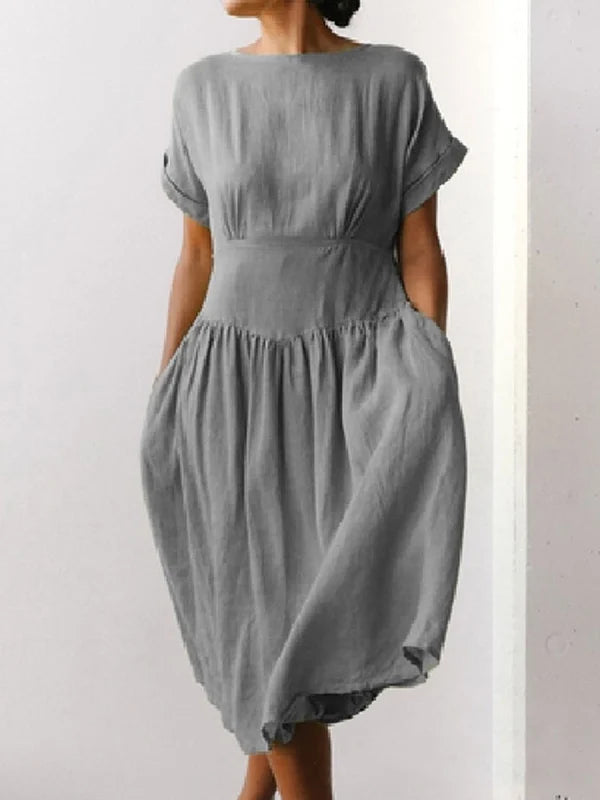 2023 New Linen Grass Green Midi Dress - Fashionpara