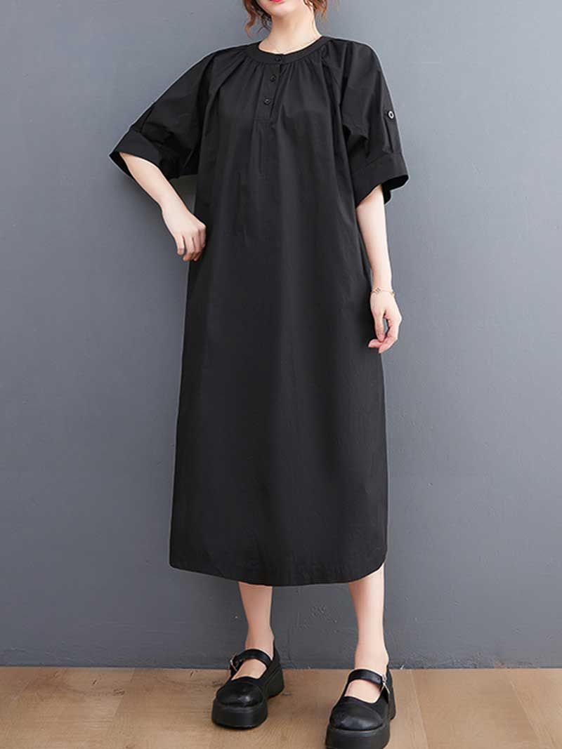 Plain Cotton Short Sleeve A-Line Dress - Fashionpara