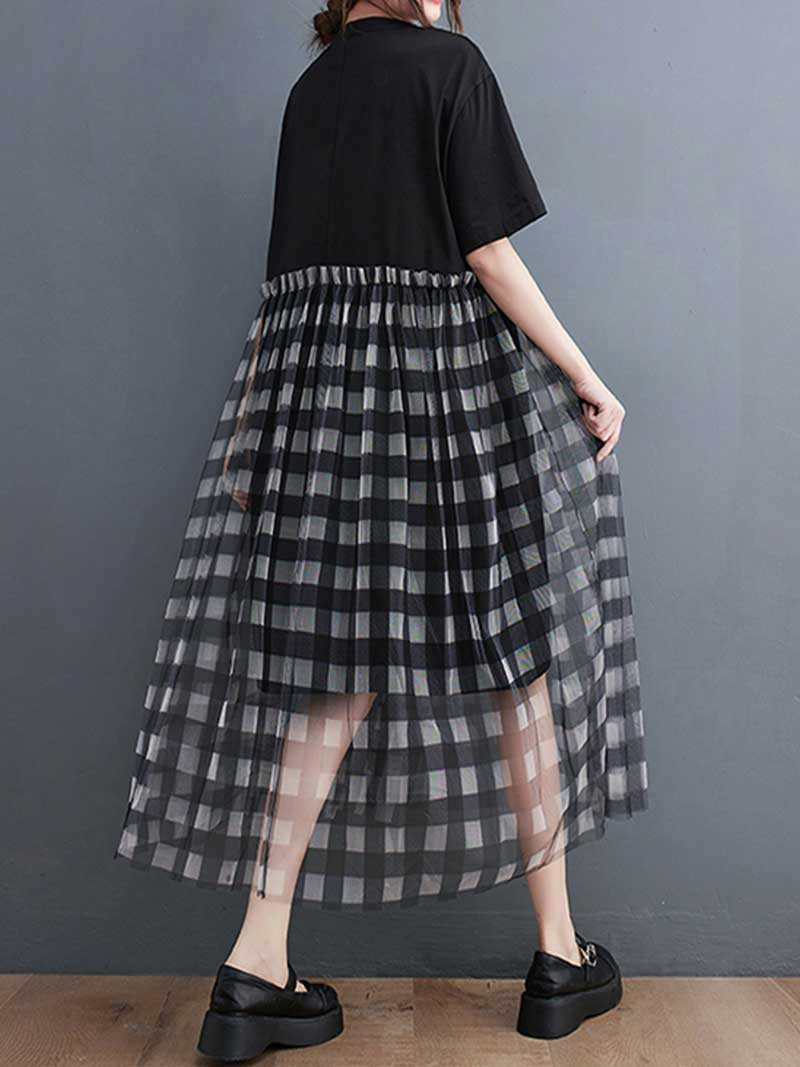 Plaid Round Neck Short Sleeves Smock Dress - Fashionpara