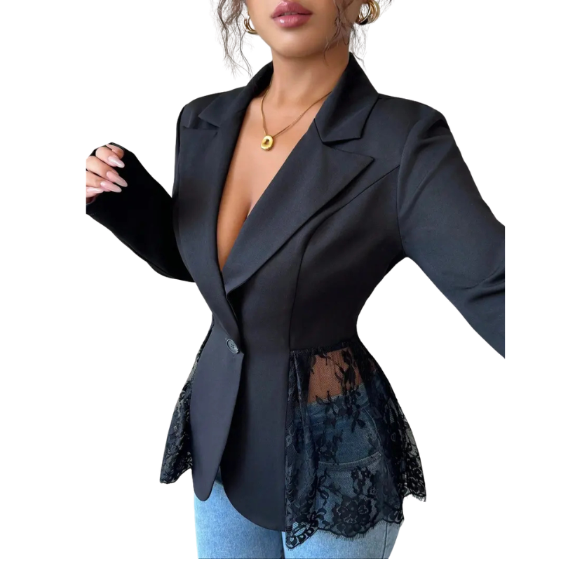 Lace Peplum Hem Deep V-Neck Single Button Blazer