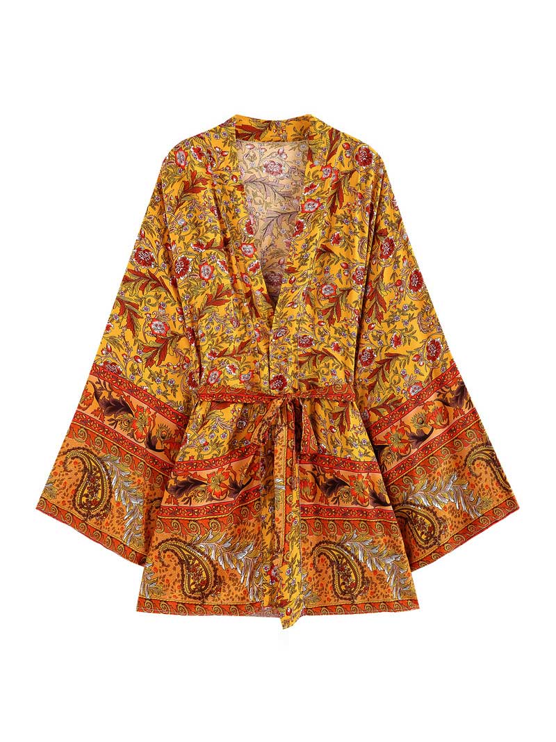Night Wear Floral Print Yellow Cotton Short Kimono Gown Duster Robe - Fashionpara