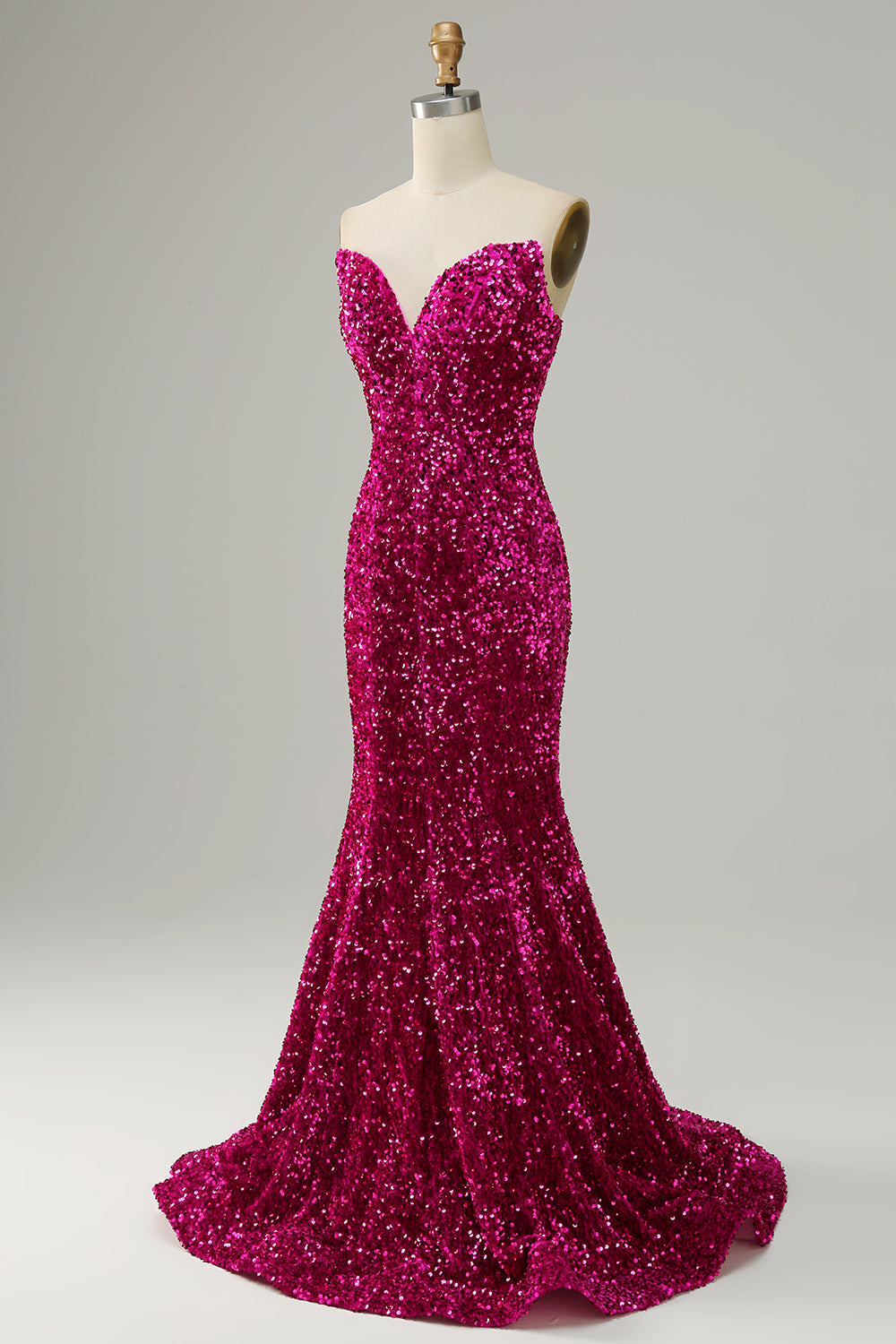 Fuchsia Sweetheart Neck Sequined Mermaid Prom Dress With Sweep Train - Fashionpara
