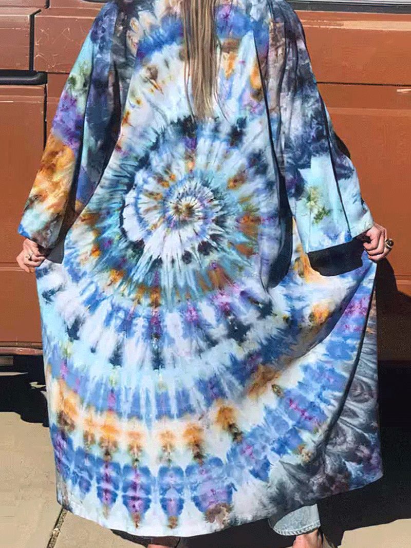 Tie-Dye Print Multicolor Polyester Long Length Gown Kimono Duster Robe - Fashionpara
