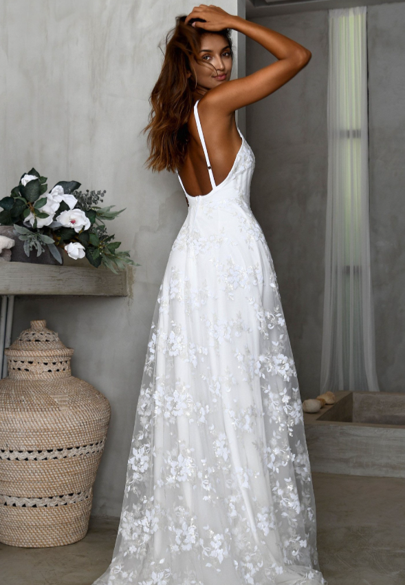 V-neck Lace Open Long Dress Fashionpara