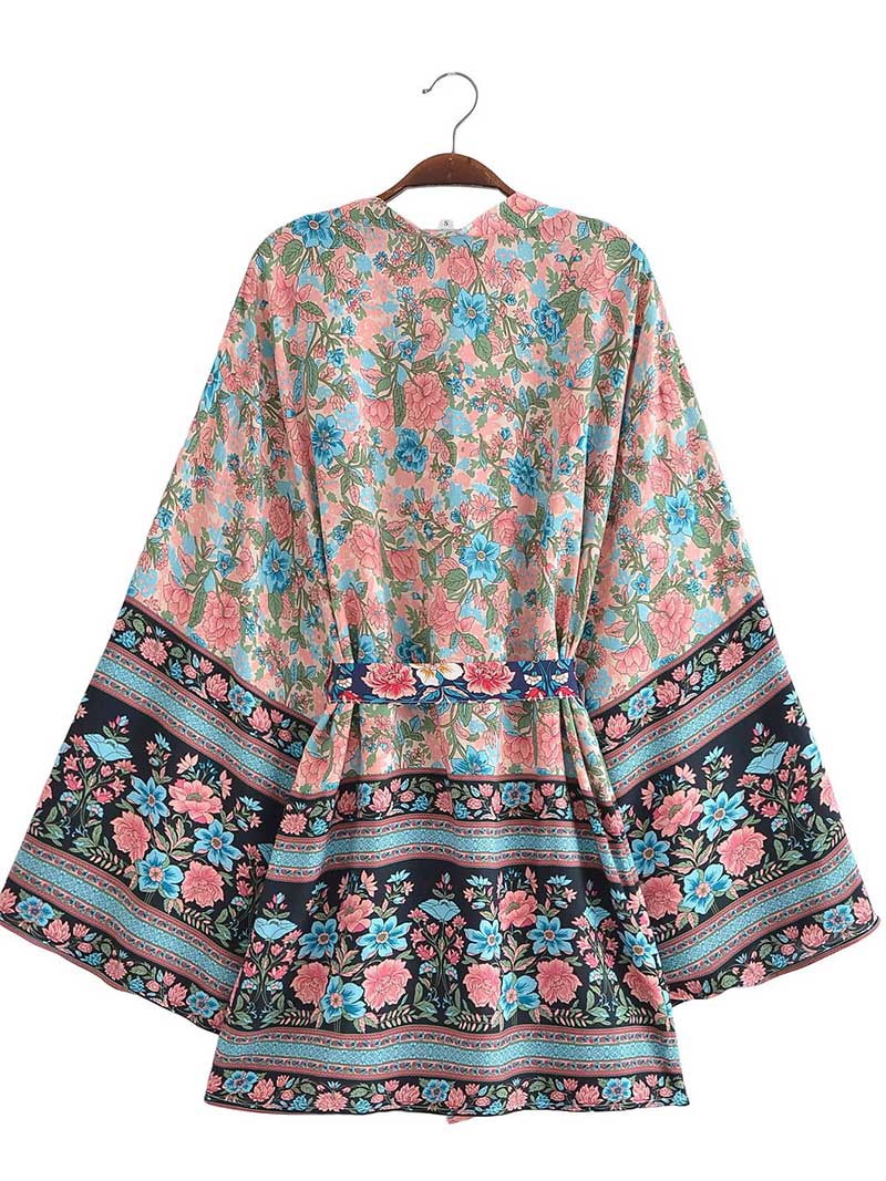 Short Kimono With Floral Print Blue, Pink, & White Color Gown Kimono Robe - Fashionpara