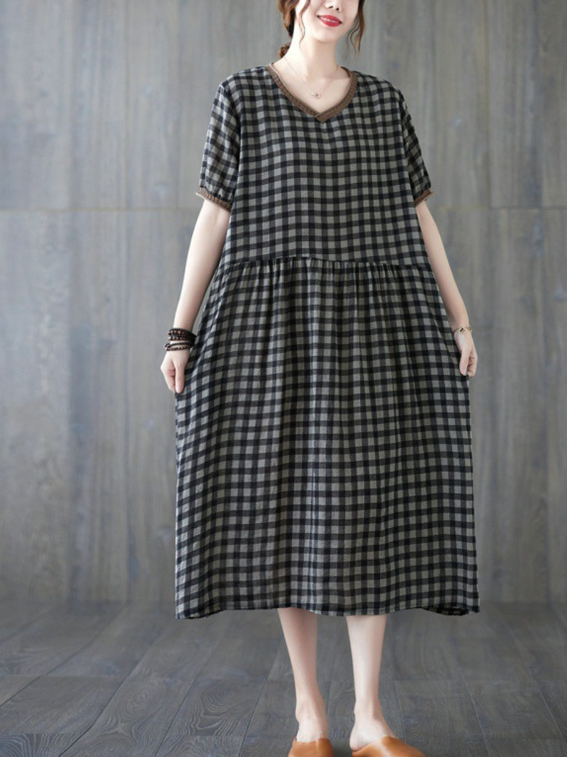 Gingham V-Neck Short Sleeve Drop Waist Pocket A-Line Midi Dress