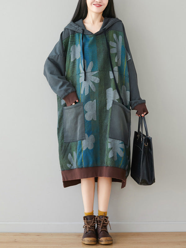 Floral Print Hooded Long Sleeve Pocket Sweatshirt Dress