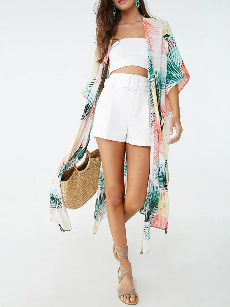 Picnic Partywear Leaf Print Beige Color Cotton Long Length Gown Kimono Duster Robe - Fashionpara