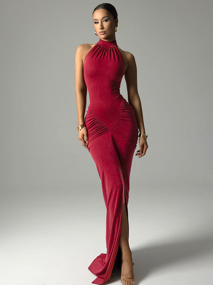 Mock-Neck Ruched Front-Slit Bodycon Maxi Dress