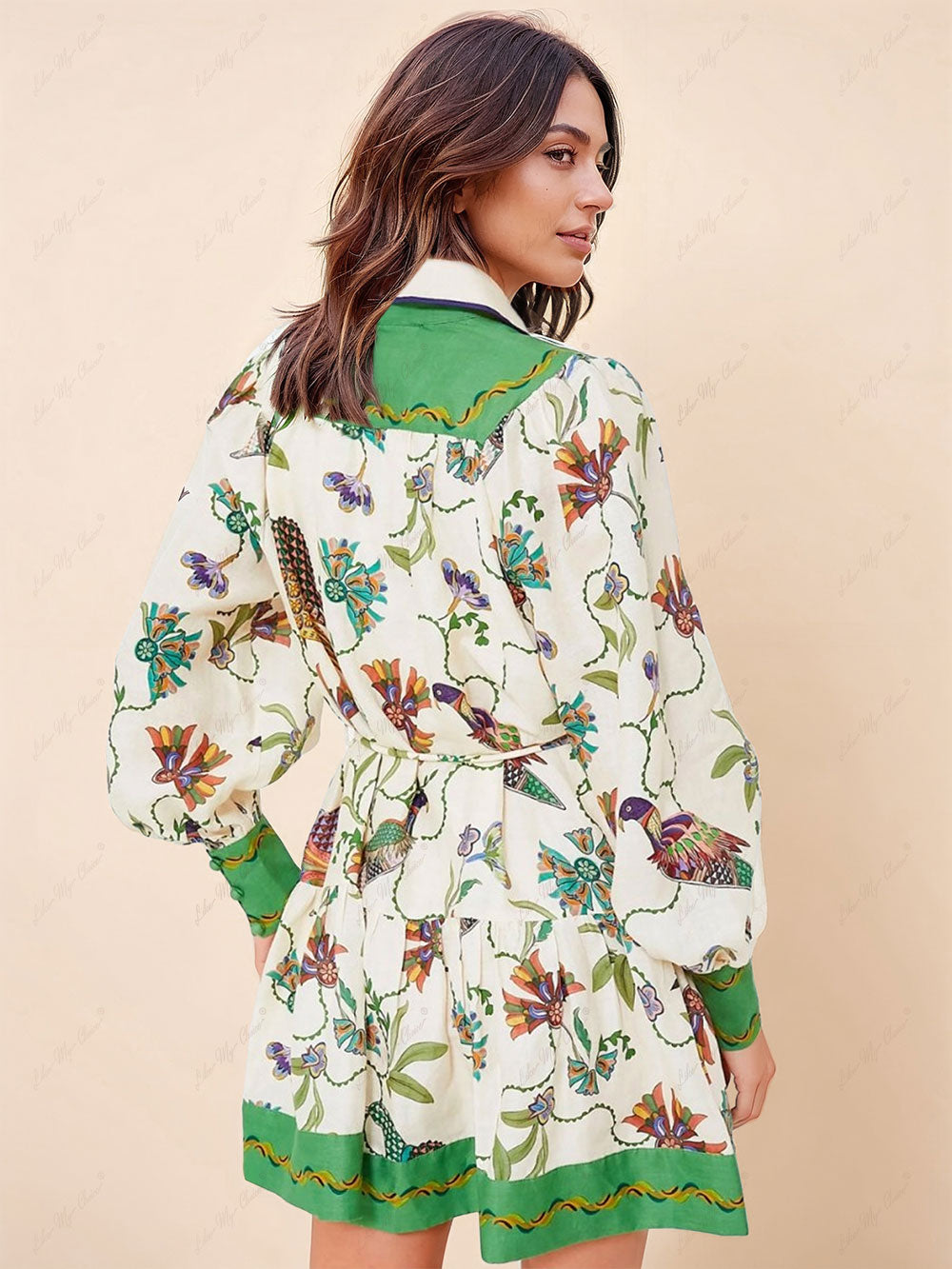 Unique Print Color Match Balloon Sleeve Shirt Mini Dress - Fashionpara