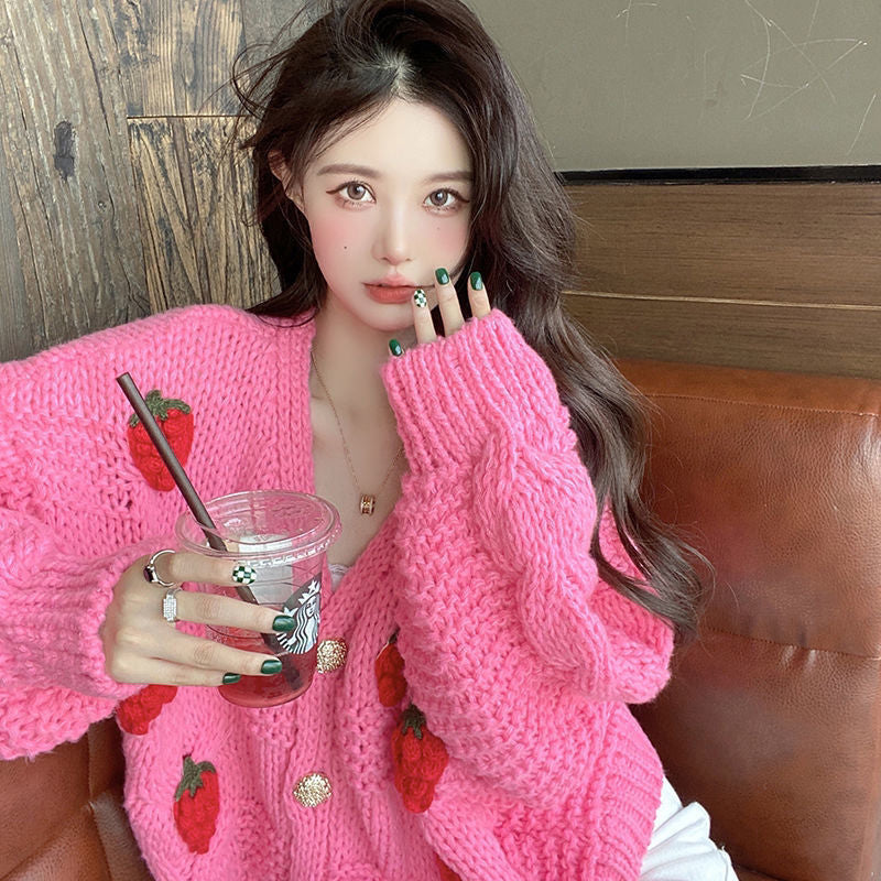 KittenAlarm - Loose Strawbery Pattern Knitted Cardigan Sweater