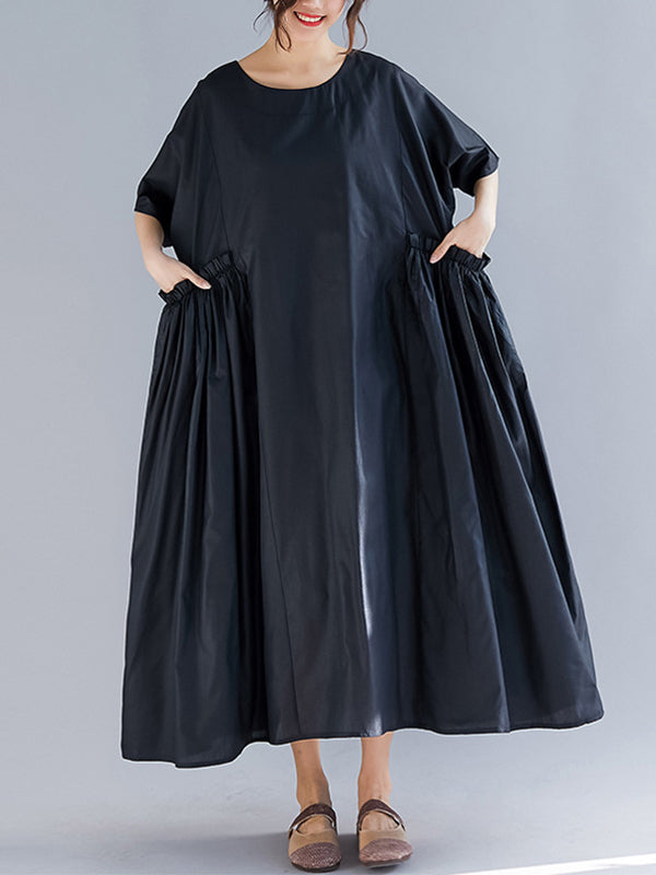 Cotton Round Neck Short Sleeve Ruched Pocket Cocoon Maxi Dress