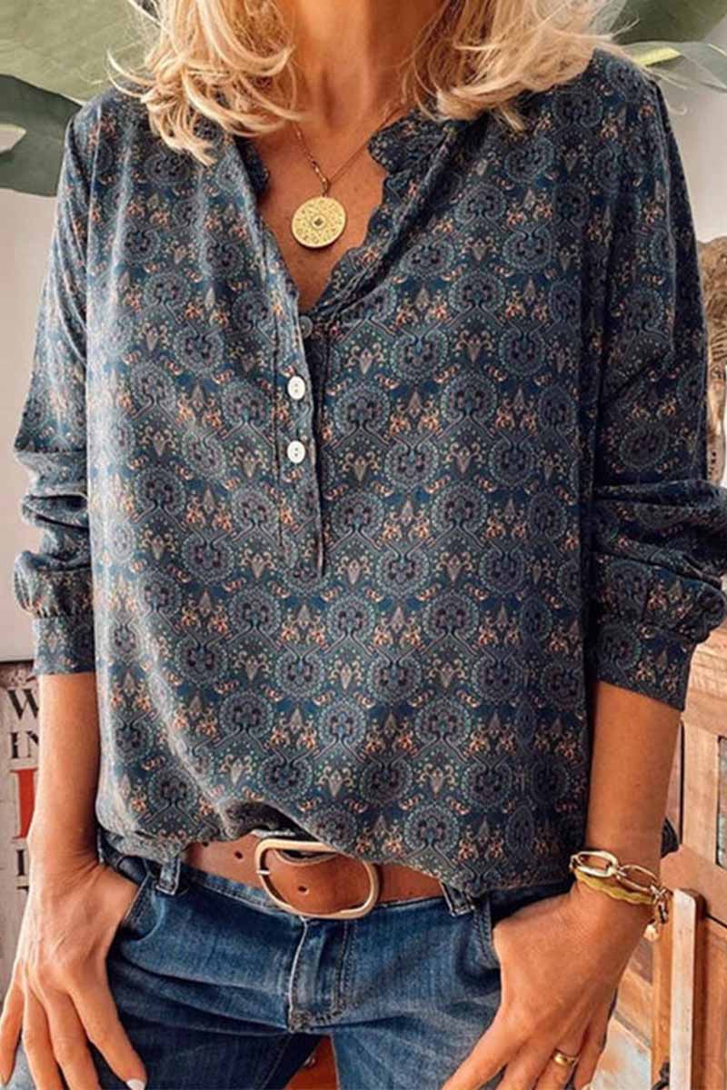 Florcoo Vintage V-Neck Button Print Shirt(3 Colors)