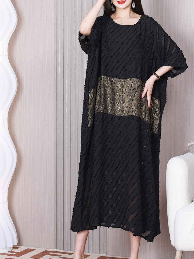 Textured Metallic Panel Round Neck Batwing Oversized Maxi Dress