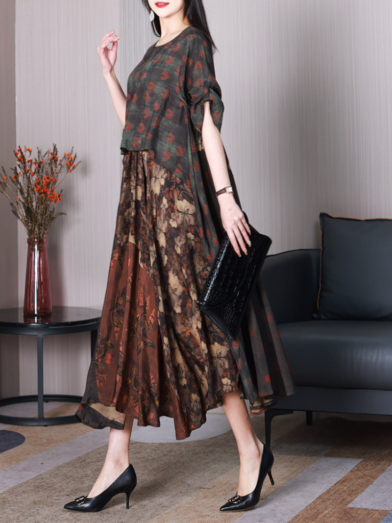 Printed Round Neck Short-Sleeve A-Line Midi Dress