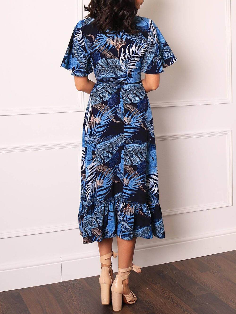 Palm Leaf Print Wrap Over Midi Dress - Fashionpara