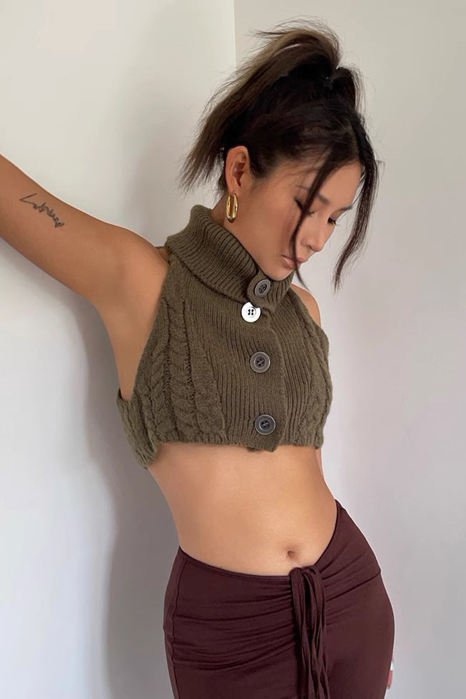 Sexy Sleeveless Knitted Button Lapel Tank Top