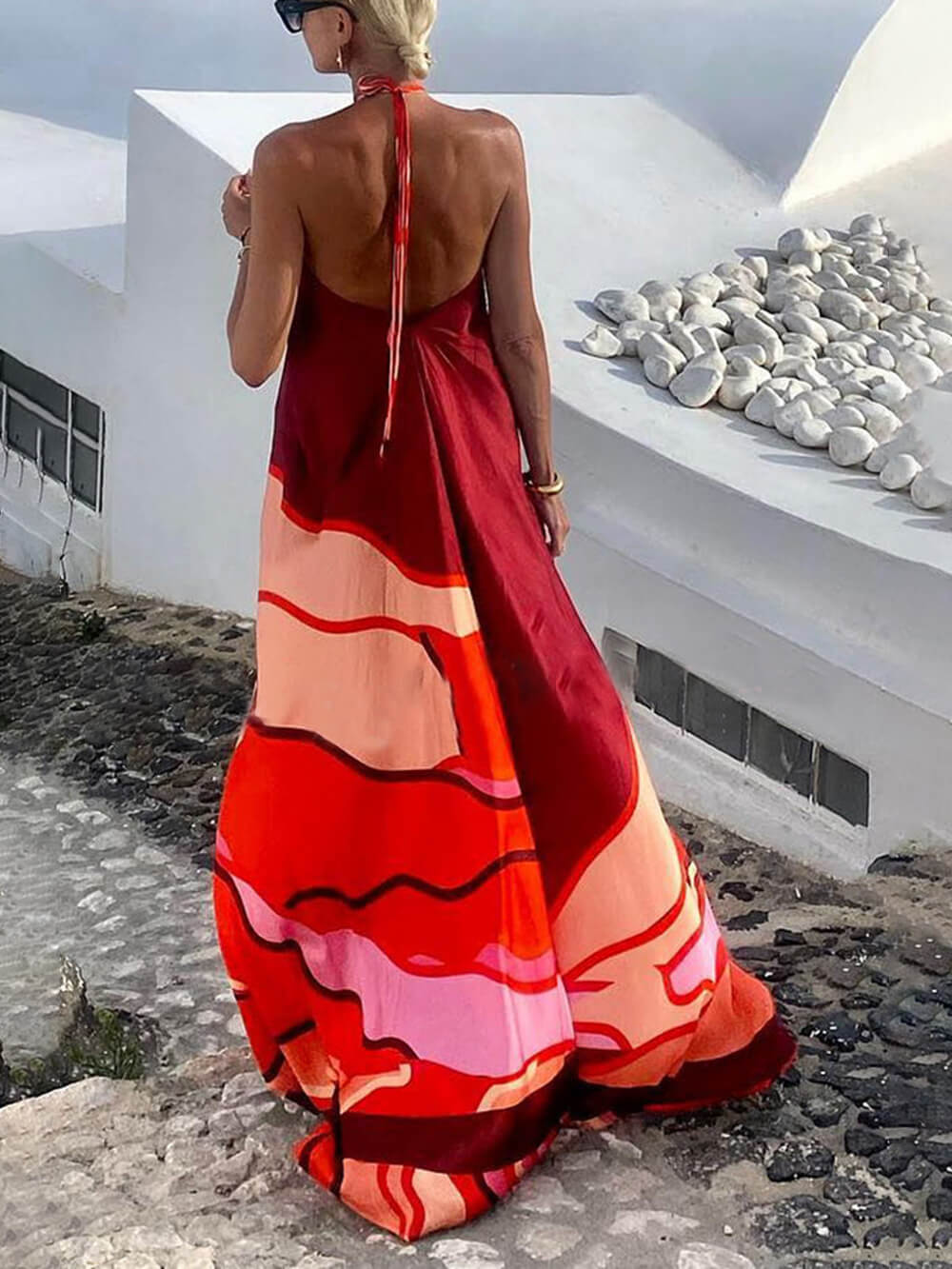 Summer Vacation Style Halter Neck Printed Backless A-Line Maxi Dress - Fashionpara