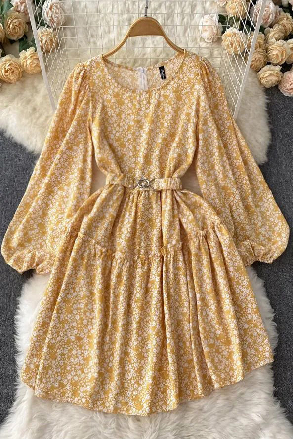 Elegant Lantern Sleeve Print Floral Casual A-line With Belt