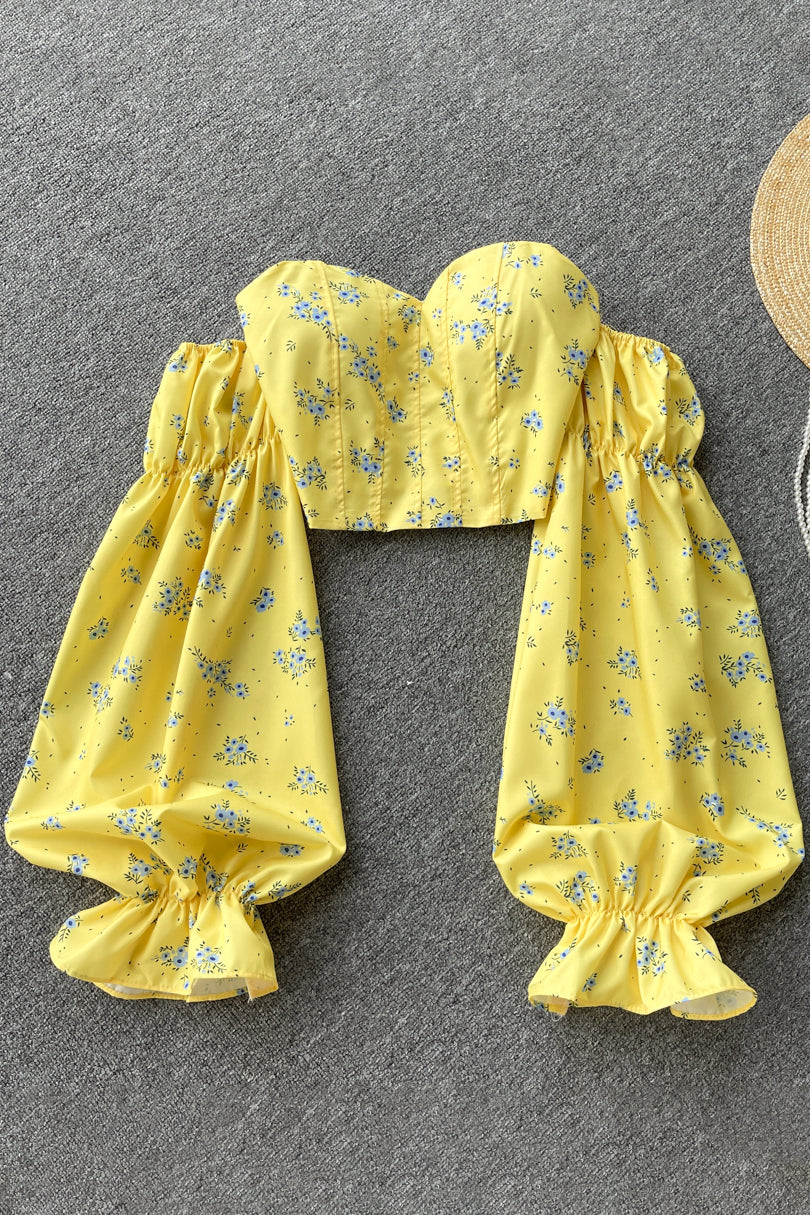 Strapless Floral Blouse Elastic Ruched Slim Long Sleeve Tops Off Shoulder Short Blouser - Fashionpara