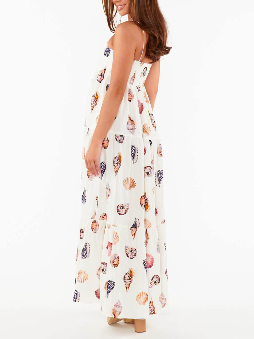 Unique Shell Conch Print Pleated Pockets Lightweight Maxi Dress - Fashionpara