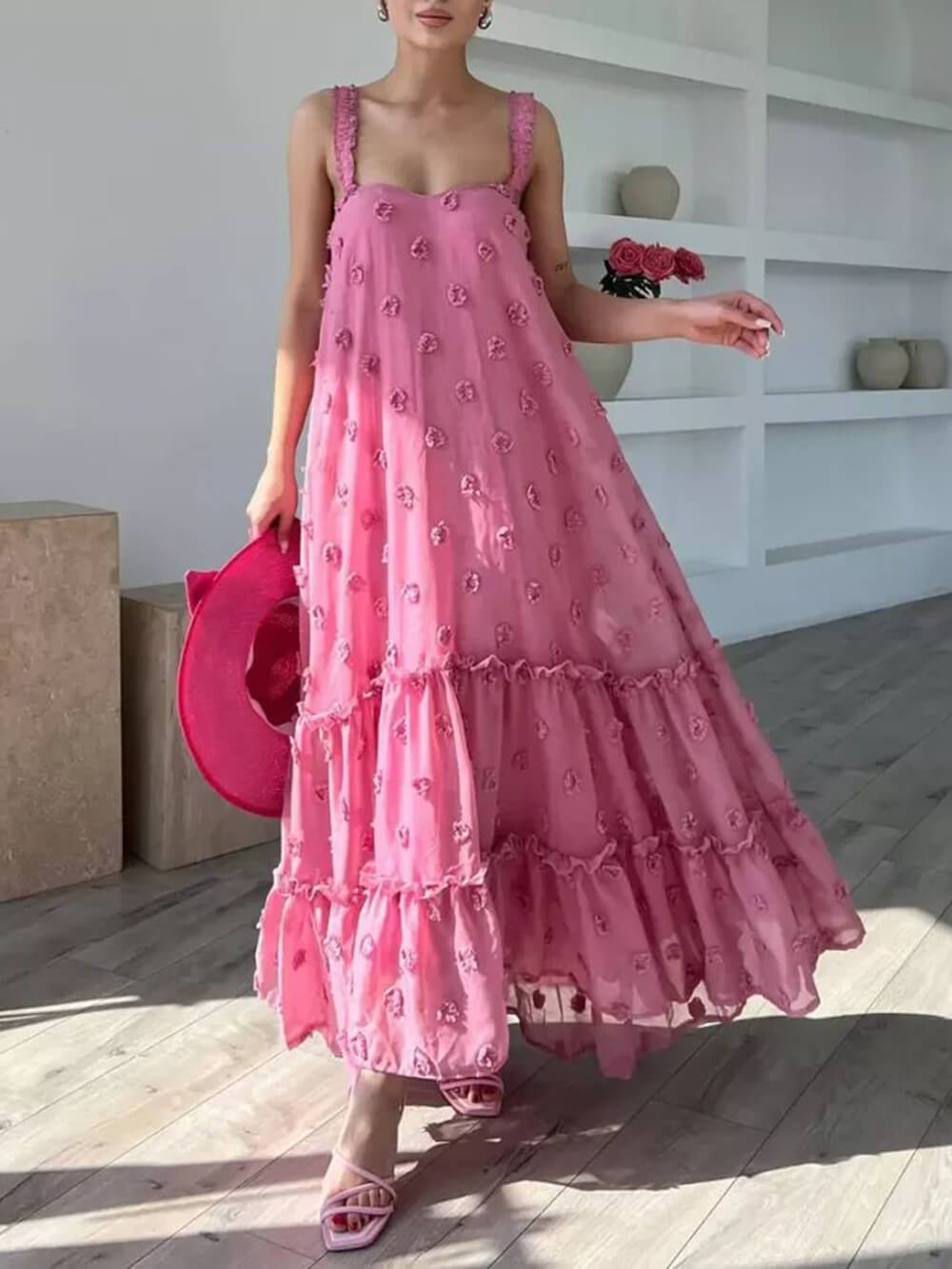 Pretty Flower Decor A-Line Layered Loose Maxi Dress - Fashionpara