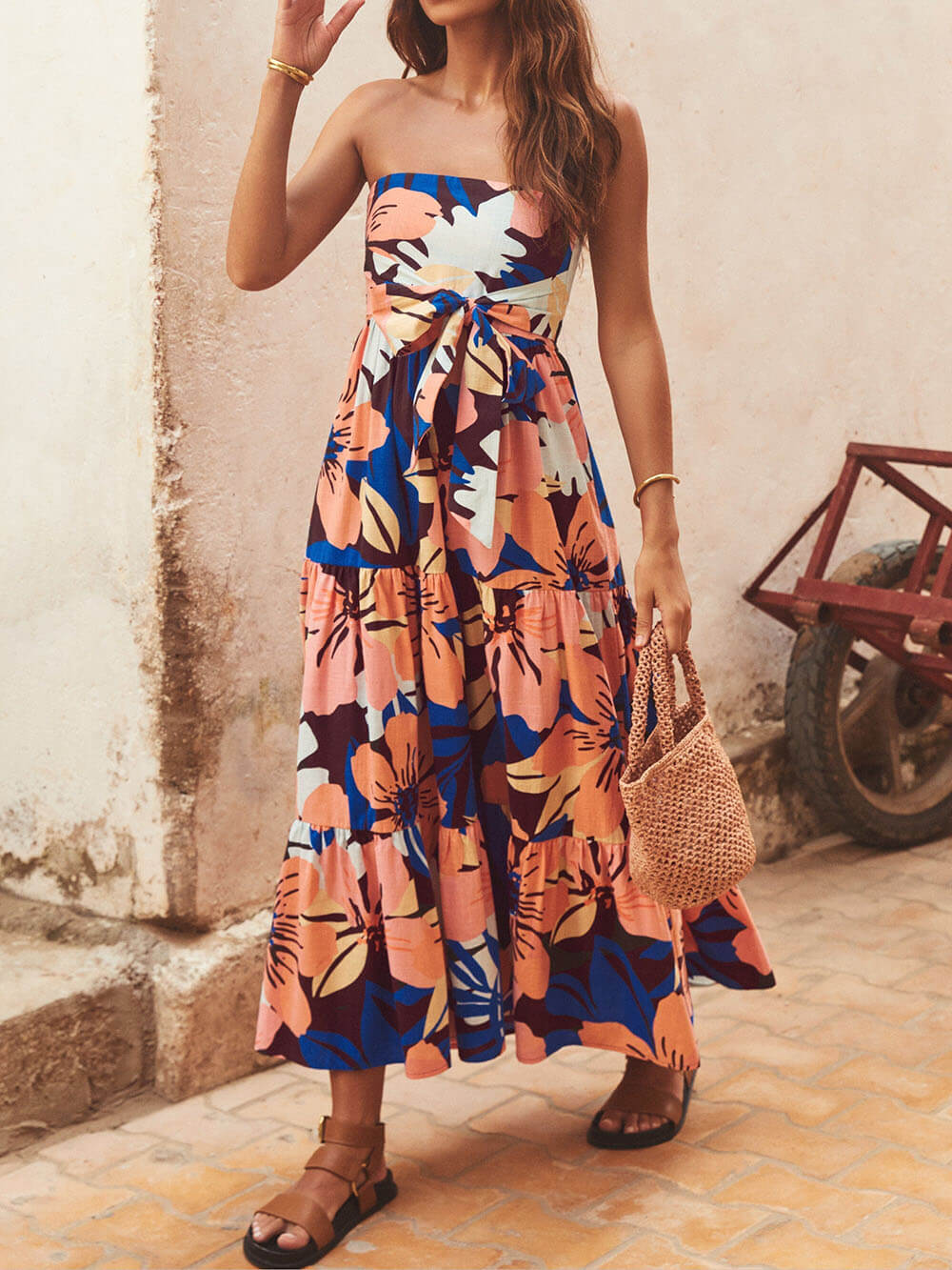 Floral Print Strapless Tie-Waist Tiered Maxi Dress 2