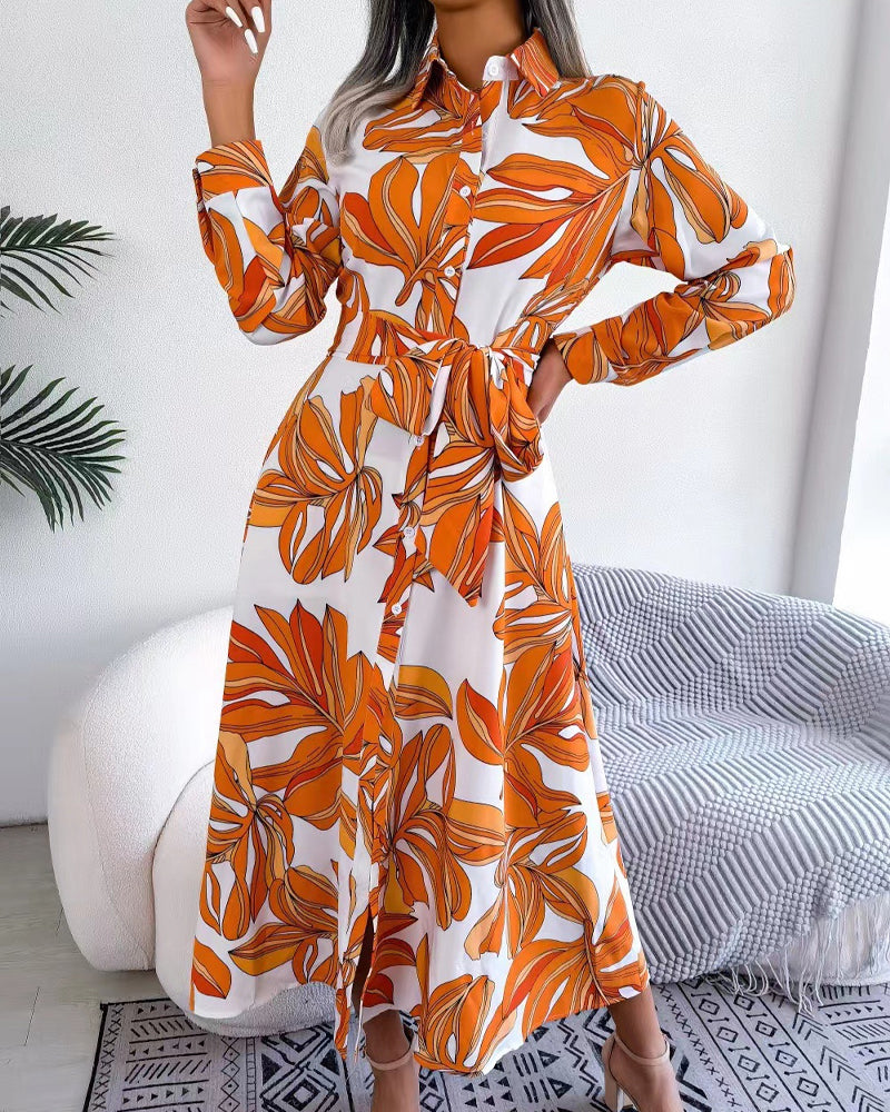 Floral Print Lapel Shirt Dress with Contrast 11