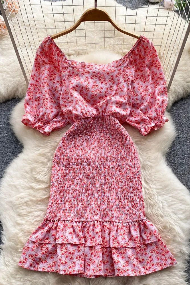 Wrap Hips Floral Print Elegant Puff Sleeve Ruffles Bodycon Party Dress