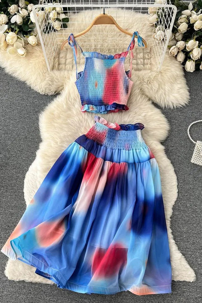 Set Tie Dye Print Short Strap Cami Tops + High Waist Skirts Beach Two Piece Suits