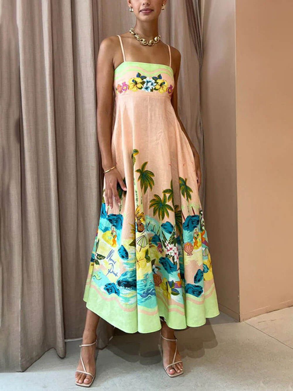 Tropical Print Spaghetti-Strap A-Line Midi Dress