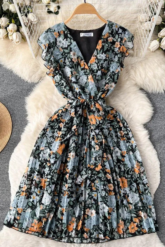 Romantic Chiffon Party Dress Elegant Bandage Floral Print Dress