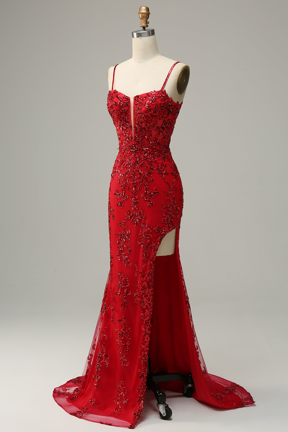 Mermaid Spaghetti Straps Red Sequins Long Prom Dress with Split Front - Fashionpara