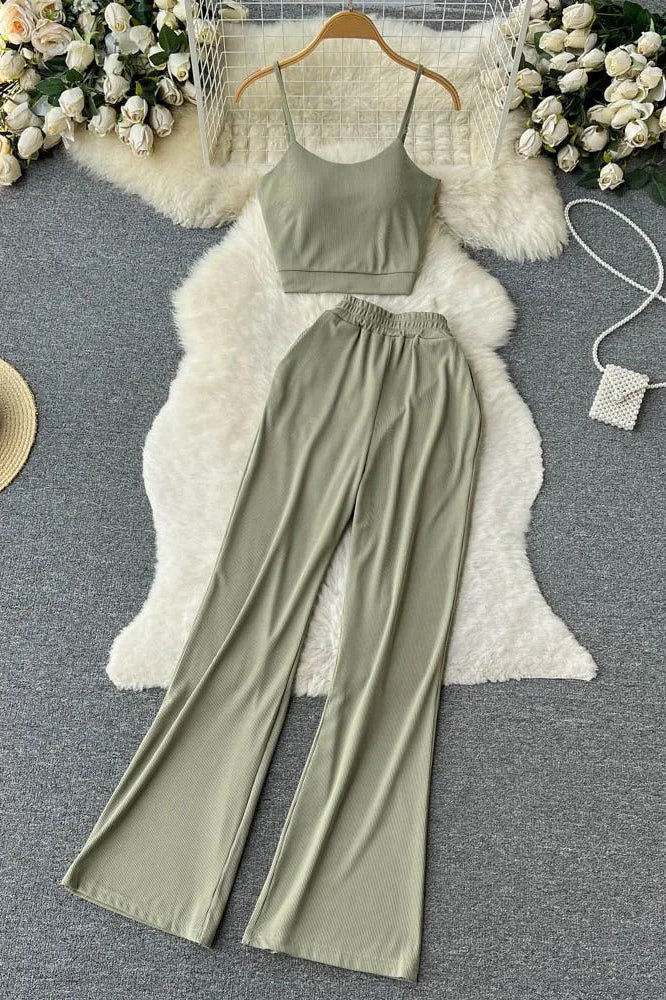 Two Piece Sets Casual All Match Straps Tops + High Waist Long Pants