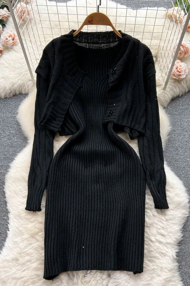 Chic Bodycon Mini Dress with Full Sleeve Cardigan Set