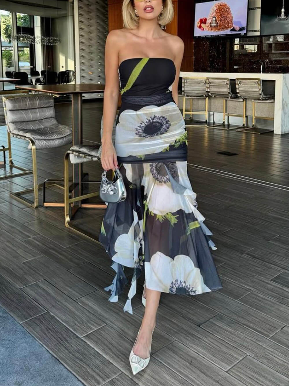 Mesh Overlay Floral Print Off Shoulder Ruched Ruffles Stretch Midi Dress - Fashionpara