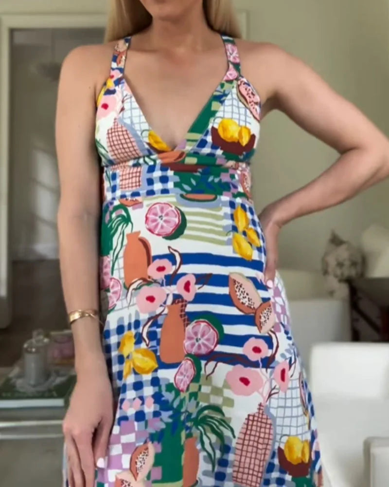 Casual V-Neck Printed Sling Dress - Fashionpara