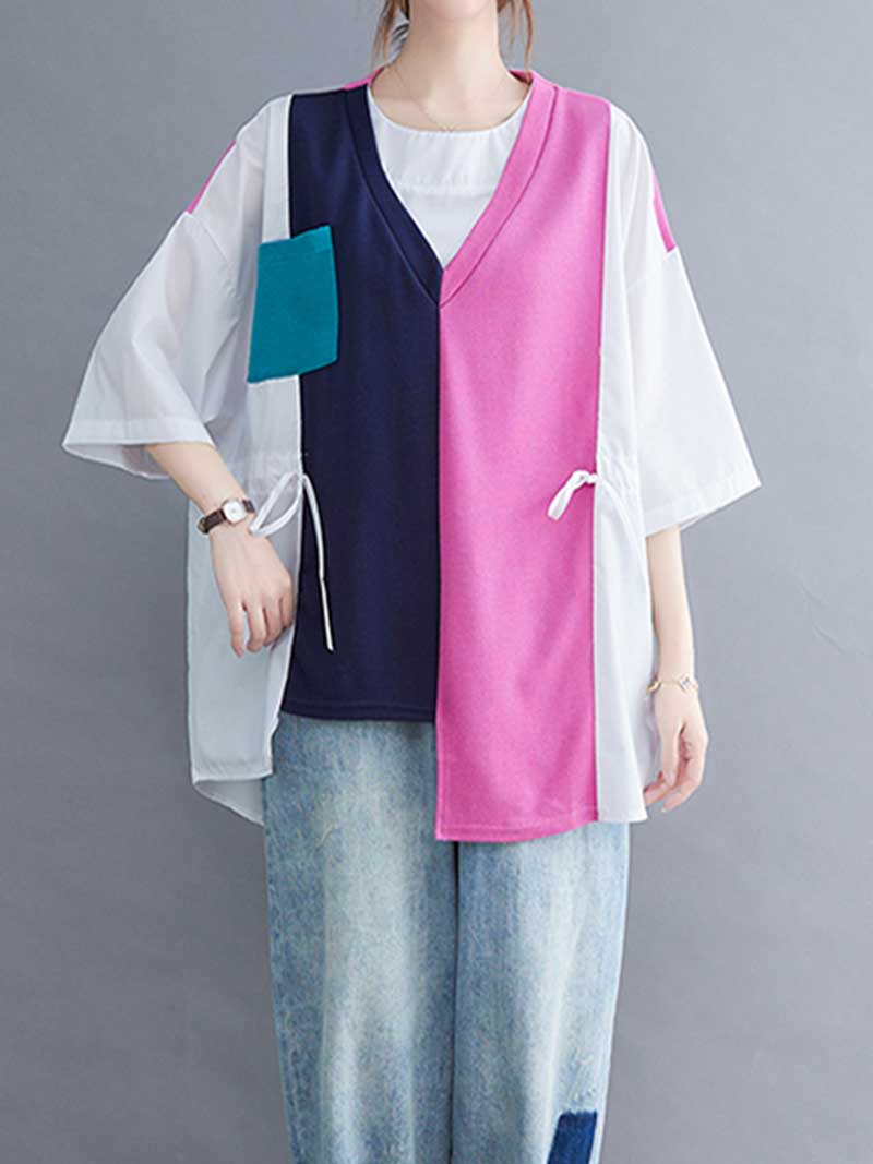 Colorful Print Round-Neck Shirt Top - Fashionpara